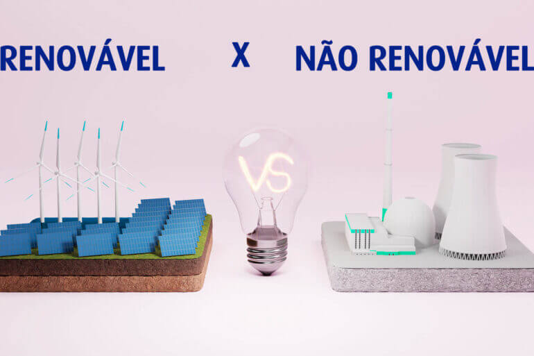 dois diferentes lugares de produção de energia renovável e não renovável sendo comparados com uma lâmpada no meio