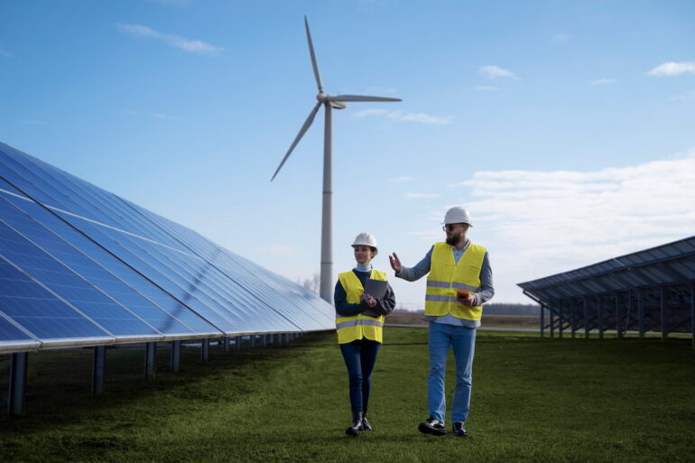 Pessoas com EPIs andando entre painéis de energia solar com hélices de energia eólica ao fundo, representando as energias renováveis.