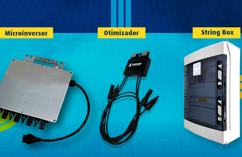 Ilustração mostrando os equipamentos: Microinversor, Otimizador de energia e String box.